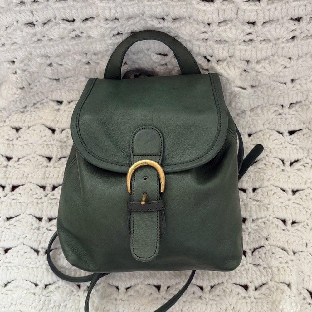Coach Dark Green Leather Backpack with Gold Buckle